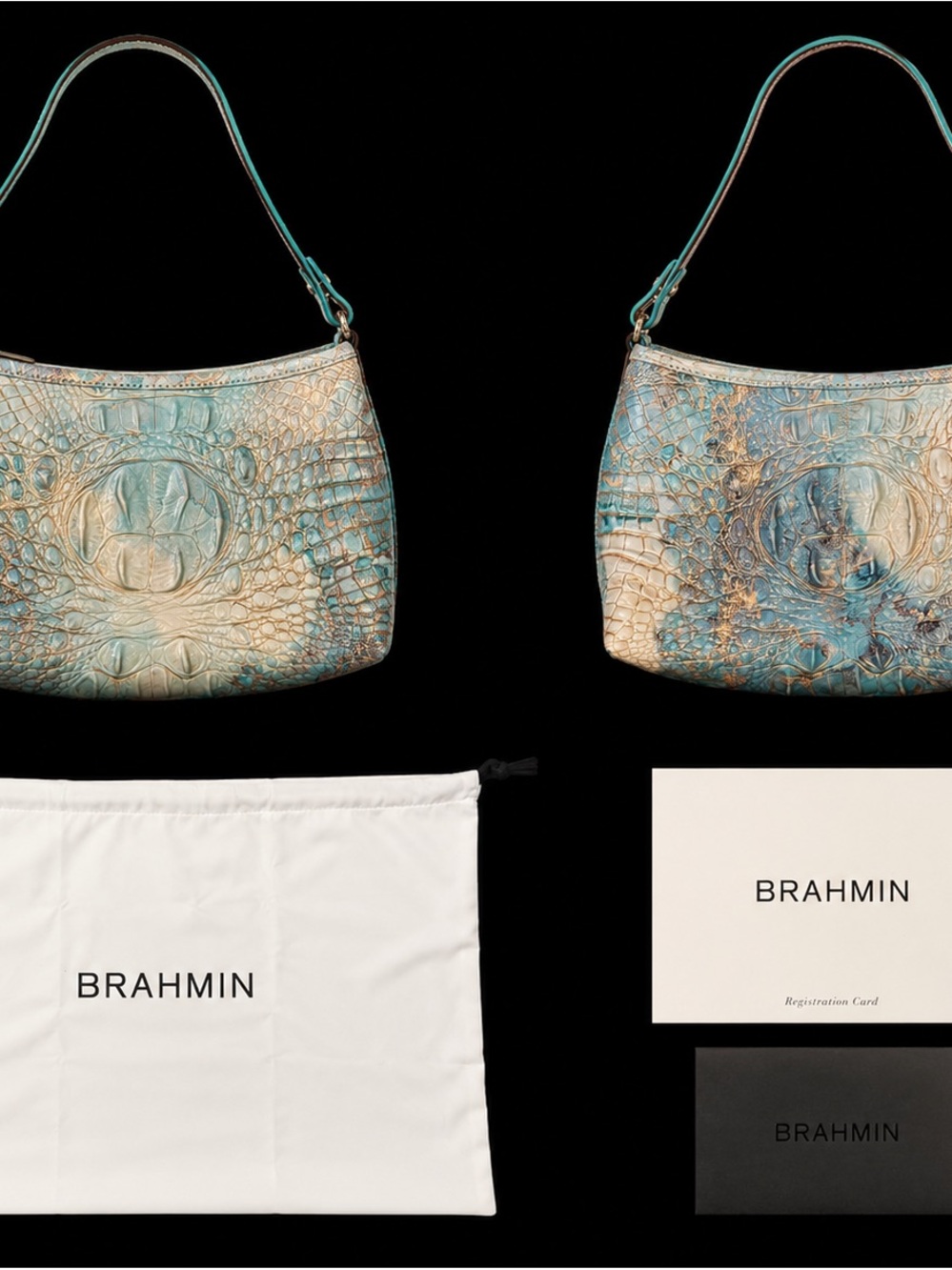 Brahmin Turquoise and Cream Croc-Embossed Shoulder Bag